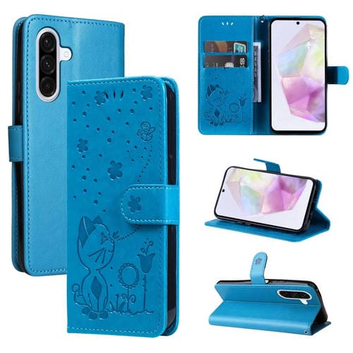 Funda de piel con tapa y diseño de gato y abeja para Samsung Galaxy A56 5G (azul)
