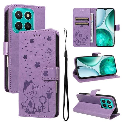 Funda de Cuero con Tapa y Relieve Gato y Abeja para Honor X8C 4G (Morado)