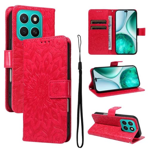 Funda de Cuero con Tapa y Estampado de Girasoles en Relieve para Honor X8C 4G (Rojo)