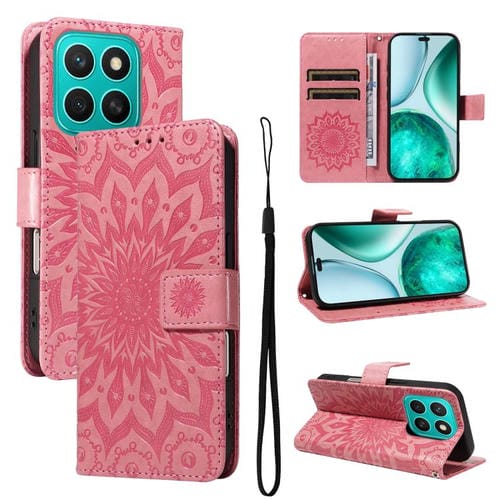 Funda de Cuero con Tapa y Estampado de Girasoles en Relieve para Honor X8C 4G (Rosa)