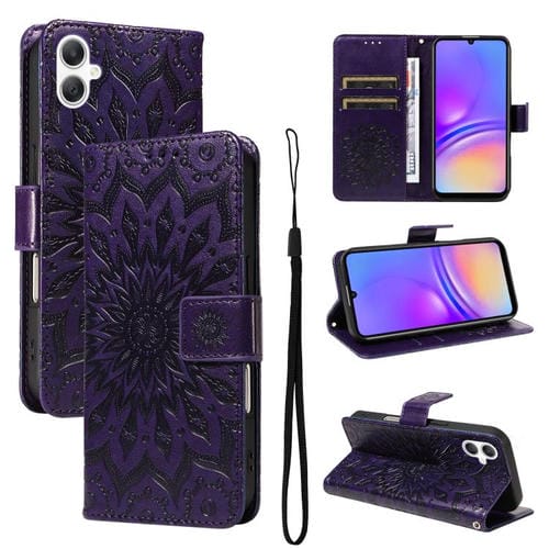 Funda de cuero con tapa y estampado de girasoles en relieve para Samsung Galaxy A07 5G (morado)