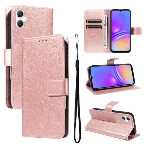 Funda de cuero con tapa y estampado de girasoles en relieve para Samsung Galaxy A07 5G (rosa)