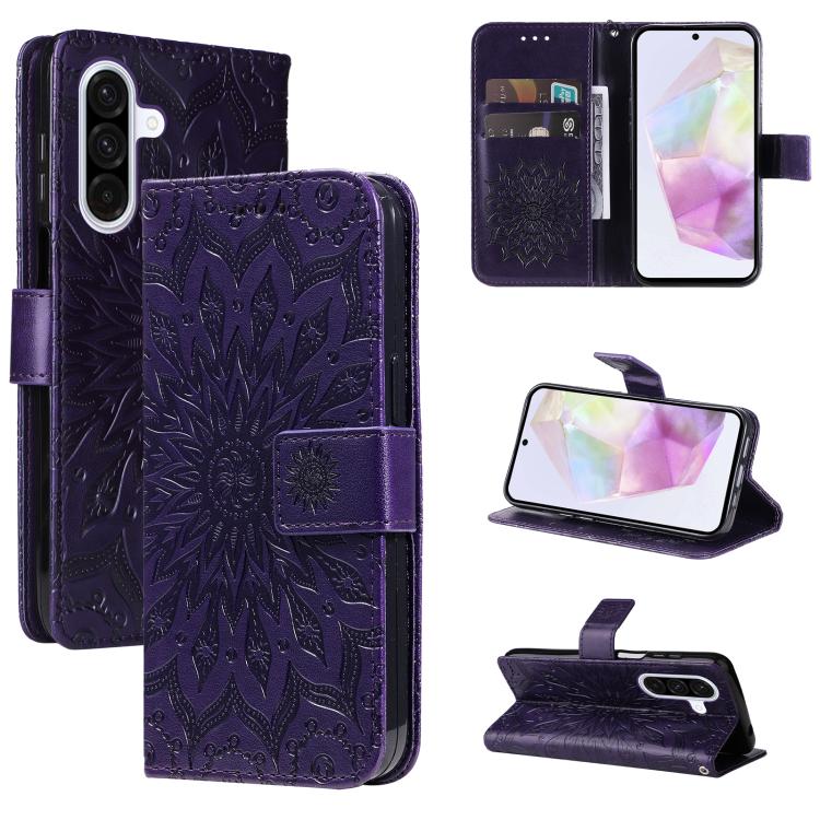 Funda de cuero con tapa y estampado de girasoles en relieve para Samsung Galaxy A36 5G / M56 5G (morado)