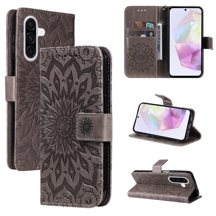 Funda de cuero con tapa y estampado de girasoles en relieve para Samsung Galaxy A36 5G / M56 5G (gris)