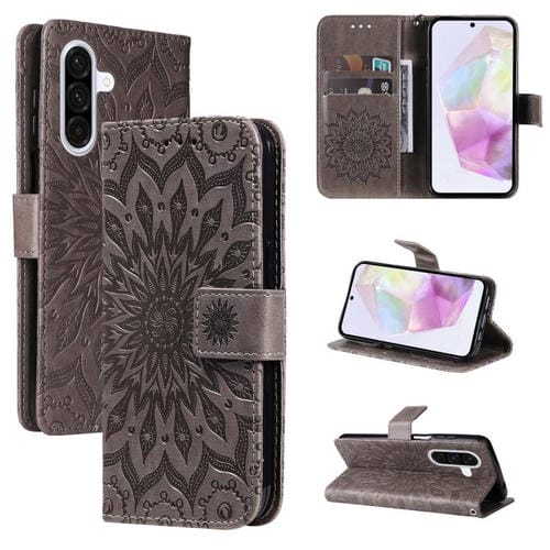 Funda de cuero con tapa y estampado de girasoles en relieve para Samsung Galaxy A56 5G (gris)