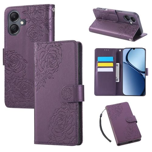 Funda de cuero con relieve de rosa para Samsung Galaxy A07 4G/5G, con 3 ranuras para tarjetas (morado oscuro)