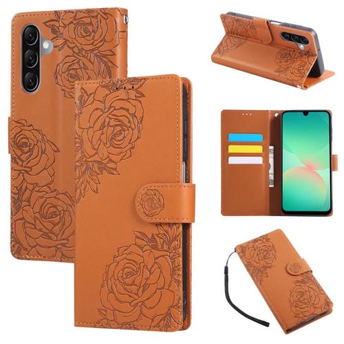 Funda de cuero con relieve de rosa para Samsung Galaxy A17 5G, con 3 ranuras para tarjetas (marrón)