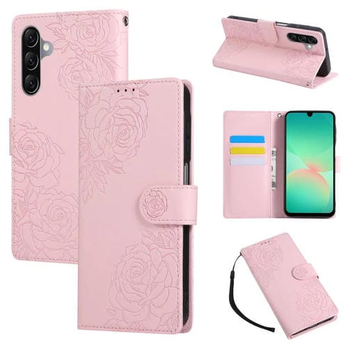 Funda de cuero con relieve de rosa para Samsung Galaxy A17 5G, con 3 ranuras para tarjetas (rosa)