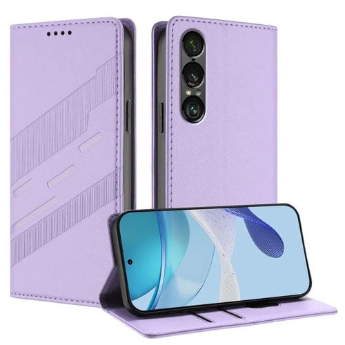 Funda de cuero retro con relieve para Sony Xperia 1 VII (morado claro)