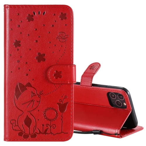 Funda de Cuero iPhone 11 Pro Cat Bee Patrón En Relieve Tapa Horizontal Soporte Ranuras Tarjetas Billetera (Rojo)