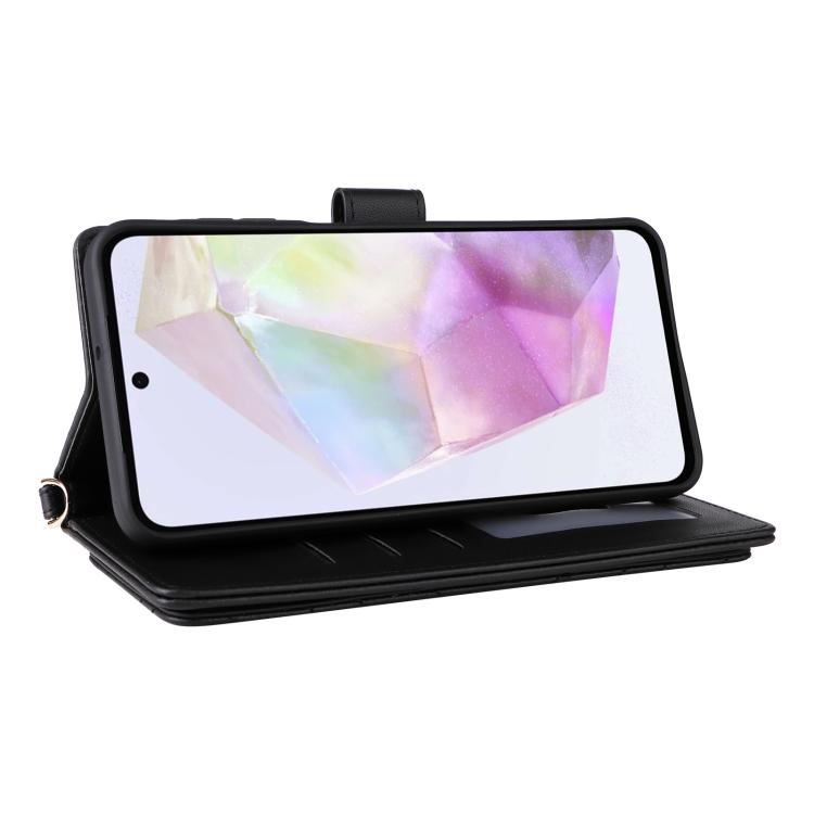 Funda de cuero multifuncional para Samsung Galaxy A17 5G con 6 ranuras para tarjetas y correa para la muñeca (negra)