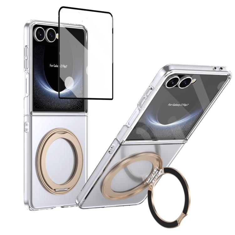 Funda plegable MagSafe para Samsung Galaxy Z Flip7 5G con soporte giratorio de 360 grados y alta transparencia, con tacto de hielo integrado (dorado desierto)