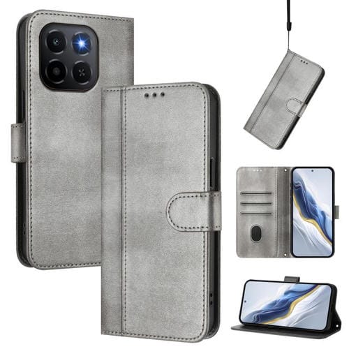 Funda de cuero retro con hebilla y empalme de líneas para Honor X6c 4G (gris)