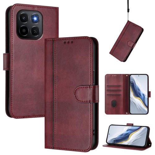 Funda de cuero retro con hebilla y empalme de línea para Honor X6c 4G (rojo vino)
