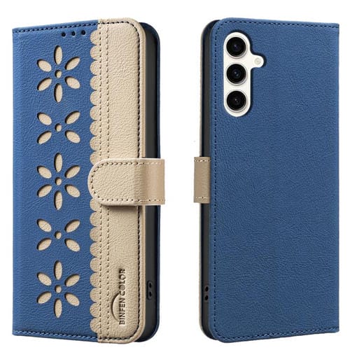 Funda de cuero RFID con estampado floral hueco para Samsung Galaxy S25 FE 5G (azul oscuro)