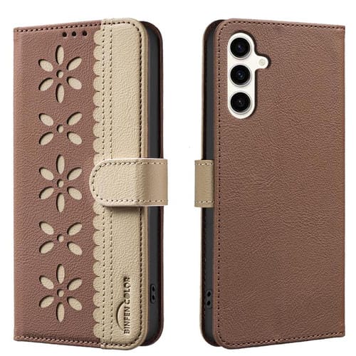 Funda de cuero RFID con estampado floral hueco para Samsung Galaxy S25 FE 5G (marrón)