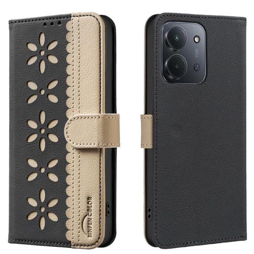 Funda de cuero RFID con estampado floral hueco para Redmi 15C 4G (173,1 mm) / Redmi 15C 5G (173,1 mm) (negro)