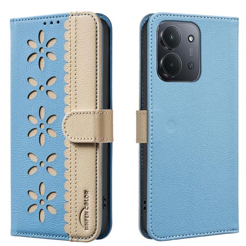 Funda de cuero RFID con estampado floral hueco para Redmi 15C 4G (173,1 mm) / Redmi 15C 5G (173,1 mm) (azul bebé)