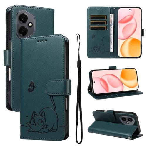 Funda de cuero con tapa y estampado de gato adorable para Honor 400 Global (156,5 mm) (verde oscuro)