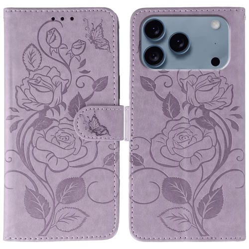 Funda de piel con estampado de mariposa rosa para iPhone 17 Pro (morada)