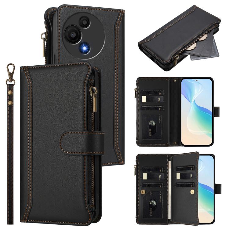 Funda de cuero con cierre magnético para TCL 605/60 SE, 9 ranuras para tarjetas, cremallera y correa de mano (negra)