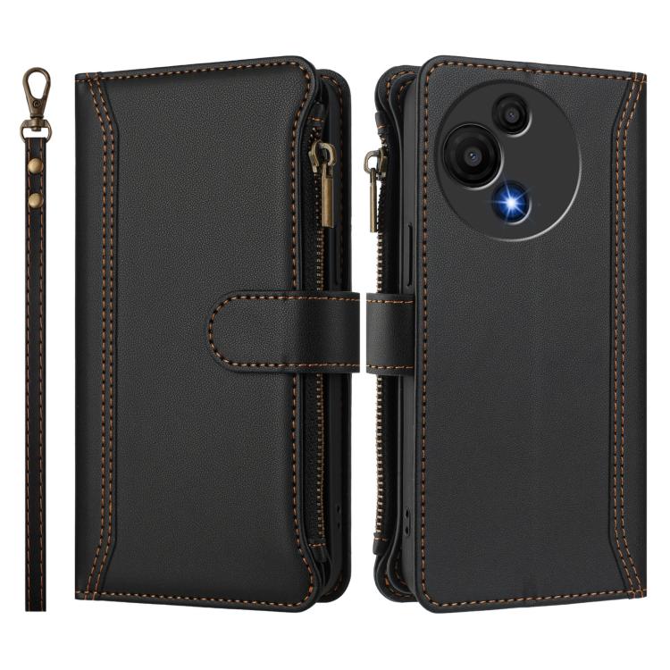Funda de cuero con cierre magnético para TCL 605/60 SE, 9 ranuras para tarjetas, cremallera y correa de mano (negra)