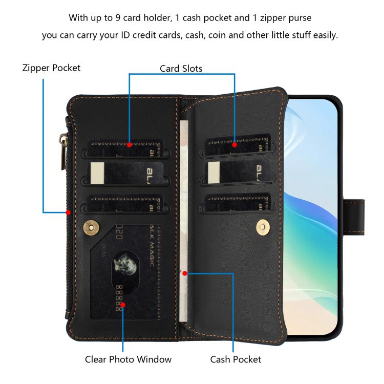 Funda de cuero con cierre magnético para TCL 605/60 SE, 9 ranuras para tarjetas, cremallera y correa de mano (negra)