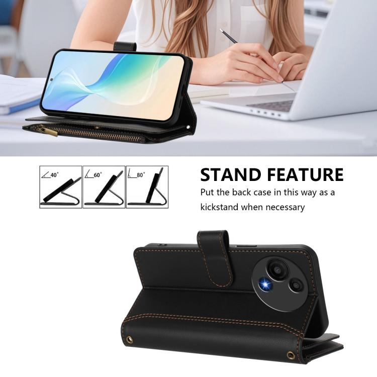 Funda de cuero con cierre magnético para TCL 605/60 SE, 9 ranuras para tarjetas, cremallera y correa de mano (negra)