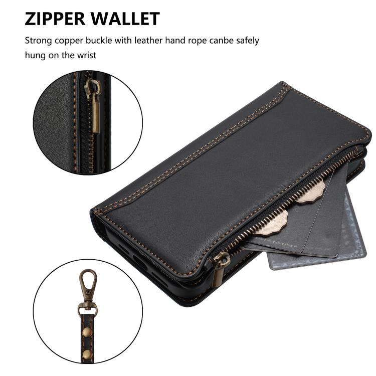 Funda de cuero con cierre magnético para TCL 605/60 SE, 9 ranuras para tarjetas, cremallera y correa de mano (negra)