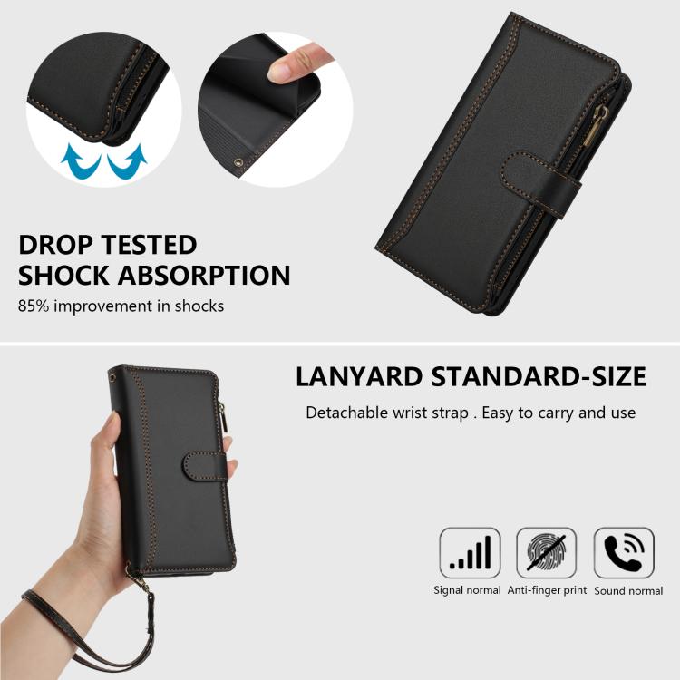 Funda de cuero con cierre magnético para TCL 605/60 SE, 9 ranuras para tarjetas, cremallera y correa de mano (negra)
