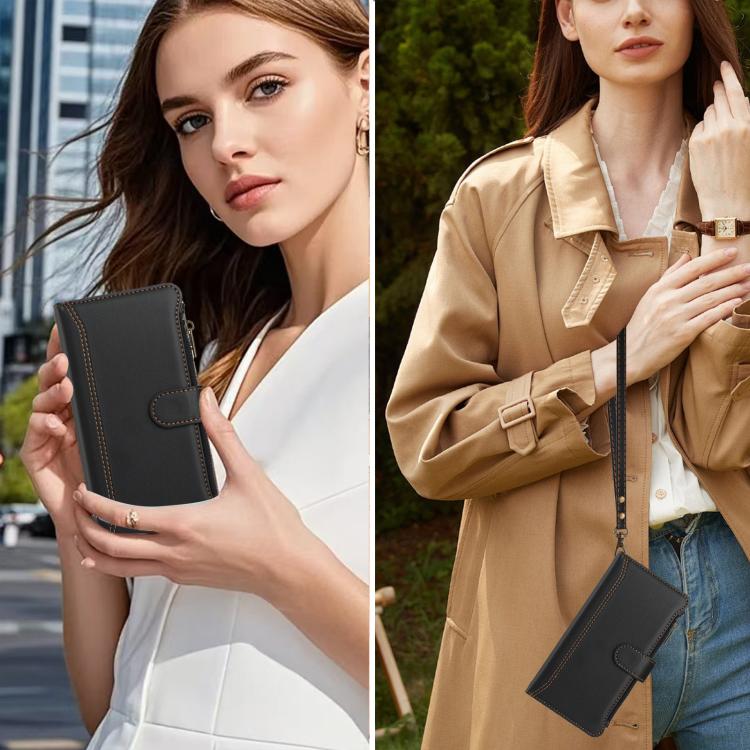 Funda de cuero con cierre magnético para TCL 605/60 SE, 9 ranuras para tarjetas, cremallera y correa de mano (negra)