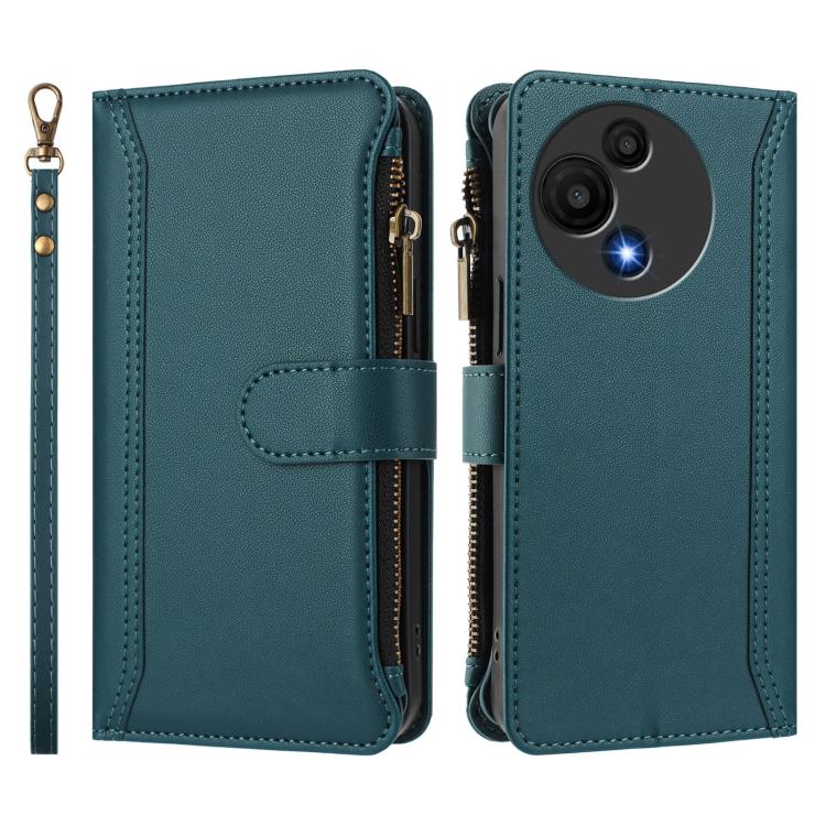 Funda de cuero con cierre magnético para TCL 605/60 SE, 9 ranuras para tarjetas, cremallera y correa de mano (verde oscuro)