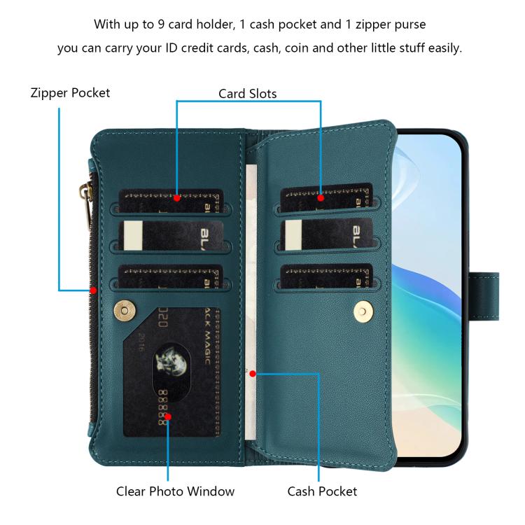 Funda de cuero con cierre magnético para TCL 605/60 SE, 9 ranuras para tarjetas, cremallera y correa de mano (verde oscuro)