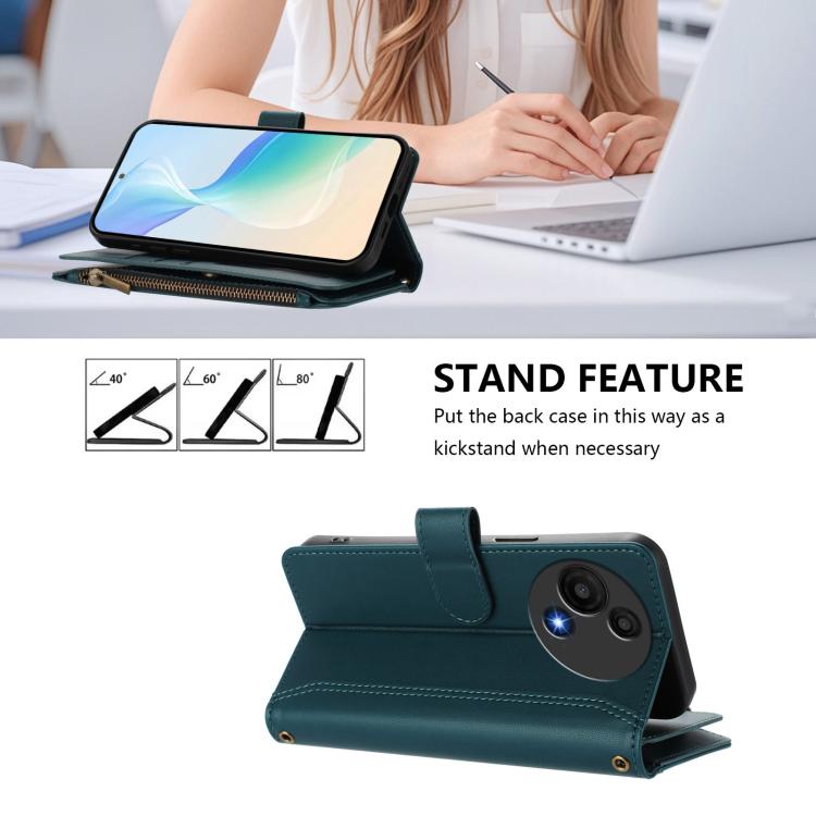 Funda de cuero con cierre magnético para TCL 605/60 SE, 9 ranuras para tarjetas, cremallera y correa de mano (verde oscuro)
