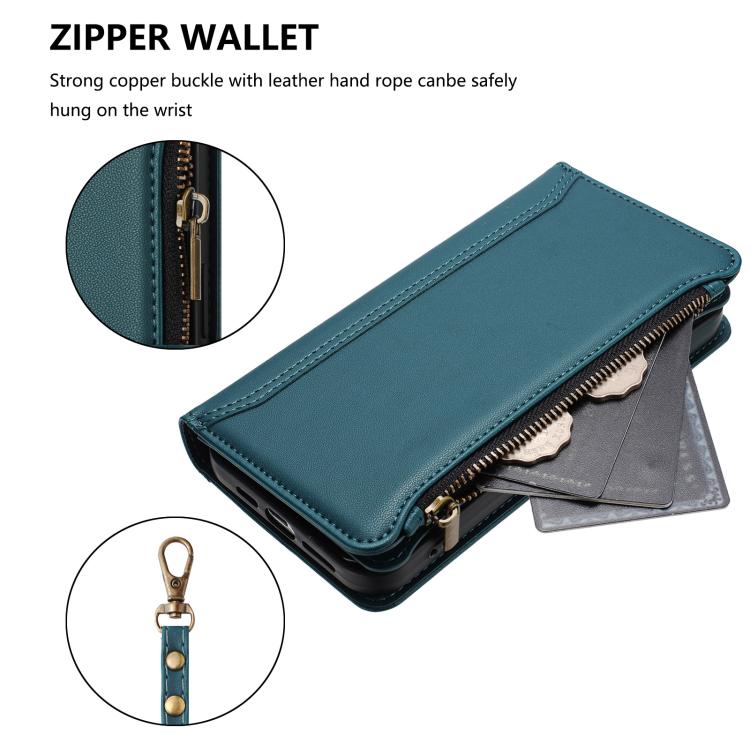 Funda de cuero con cierre magnético para TCL 605/60 SE, 9 ranuras para tarjetas, cremallera y correa de mano (verde oscuro)