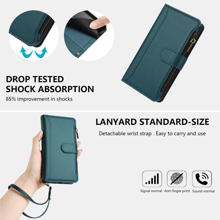 Funda de cuero con cierre magnético para TCL 605/60 SE, 9 ranuras para tarjetas, cremallera y correa de mano (verde oscuro)