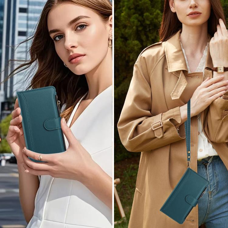 Funda de cuero con cierre magnético para TCL 605/60 SE, 9 ranuras para tarjetas, cremallera y correa de mano (verde oscuro)