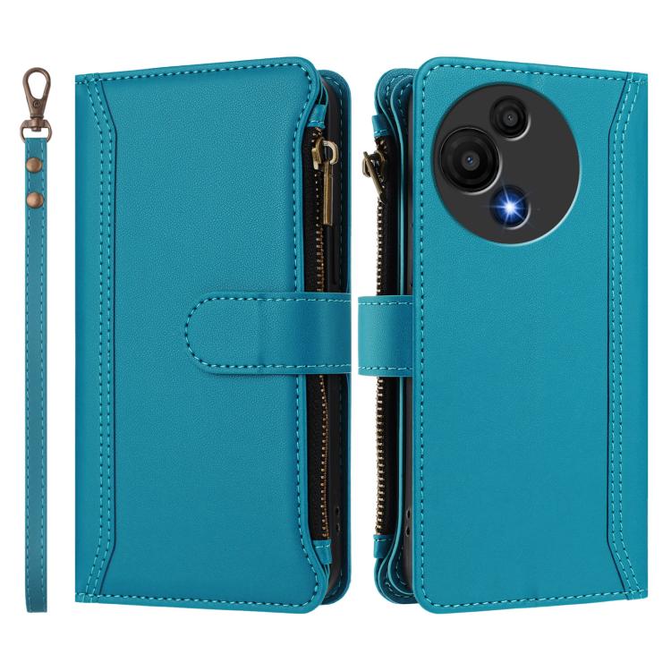 Funda de cuero con cierre magnético para TCL 605/60 SE, 9 ranuras para tarjetas, cremallera y correa de mano (turquesa)