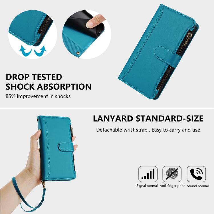 Funda de cuero con cierre magnético para TCL 605/60 SE, 9 ranuras para tarjetas, cremallera y correa de mano (turquesa)