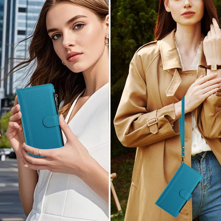 Funda de cuero con cierre magnético para TCL 605/60 SE, 9 ranuras para tarjetas, cremallera y correa de mano (turquesa)