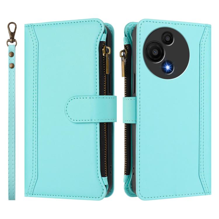 Funda de cuero con cierre magnético para TCL 605/60 SE, 9 ranuras para tarjetas, cremallera y correa de mano (verde menta)
