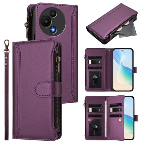 Funda de cuero con cierre magnético para TCL 605/60 SE, 9 ranuras para tarjetas, cremallera y correa de mano (morado)