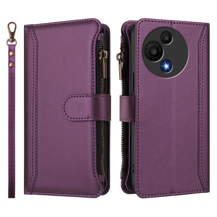 Funda de cuero con cierre magnético para TCL 605/60 SE, 9 ranuras para tarjetas, cremallera y correa de mano (morado)