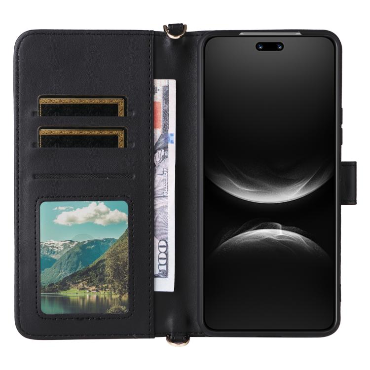 Funda de cuero multifuncional para Huawei Nova 14 Pro 5G con 6 ranuras para tarjetas y correa para la muñeca (negra)