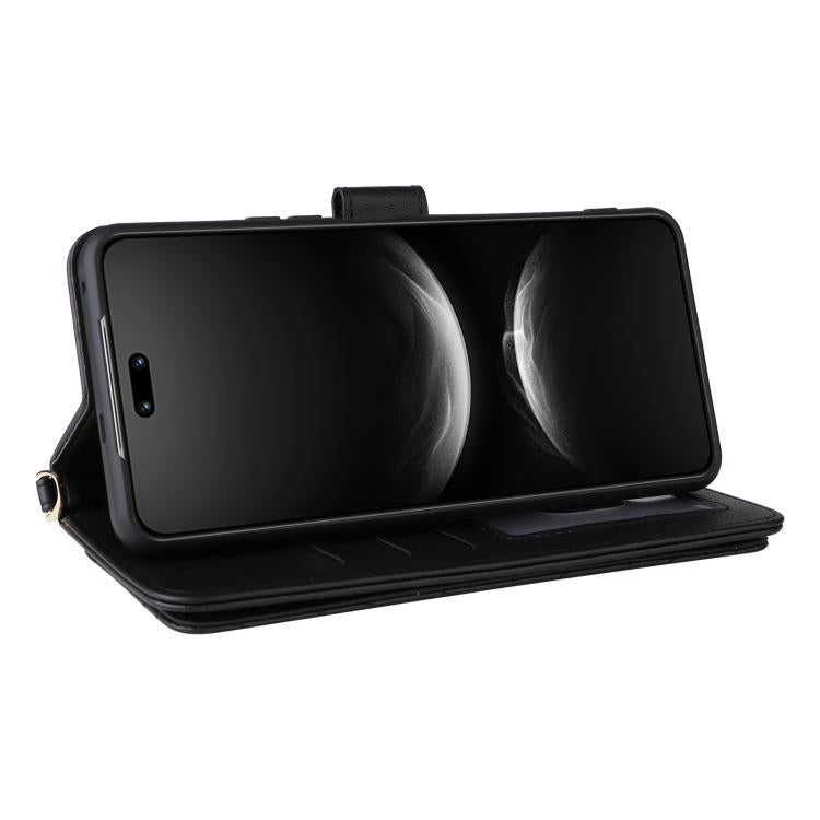 Funda de cuero multifuncional para Huawei Nova 14 Pro 5G con 6 ranuras para tarjetas y correa para la muñeca (negra)