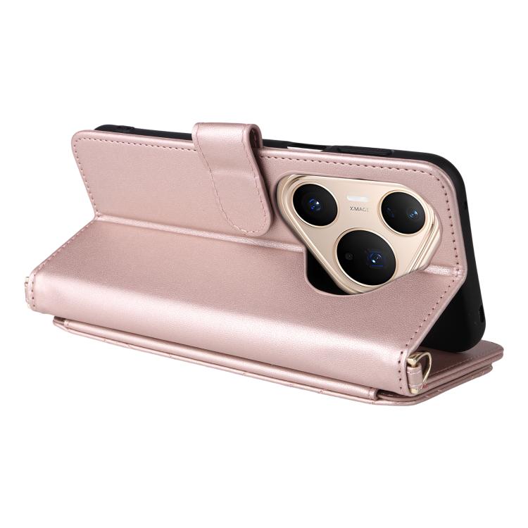 Funda de cuero multifuncional para Huawei Pura 80 Pro 5G / 80 Pro+ 5G con 6 ranuras para tarjetas y correa para la muñeca (rosa)