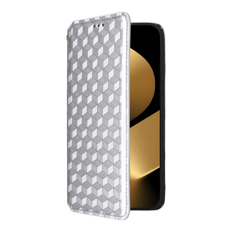 Funda de cuero con tapa y textura de cuadrícula cúbica para Huawei Pura 80 Ultra 5G (plateada)