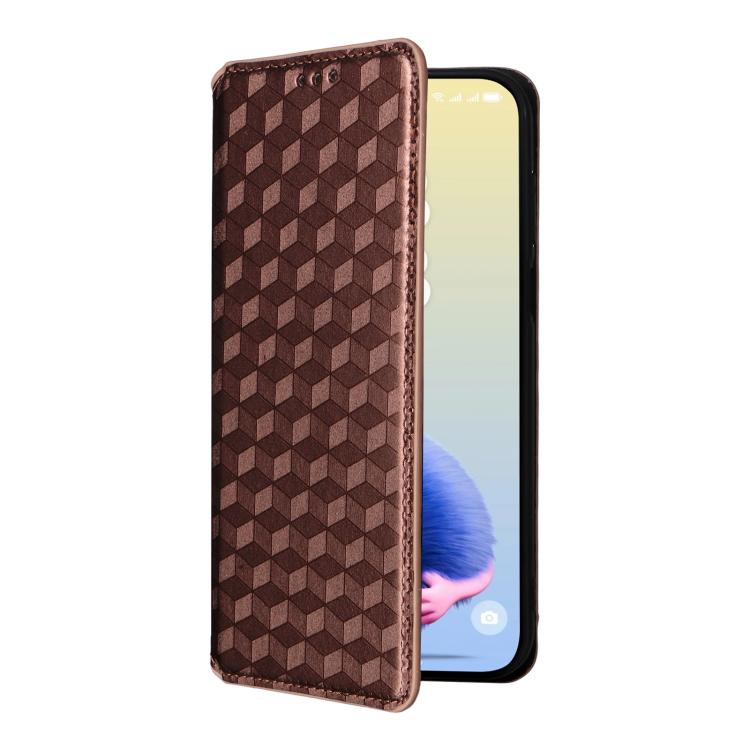 Funda de cuero con tapa y textura de cuadrícula cúbica para Huawei Pura 80 5G (marrón)