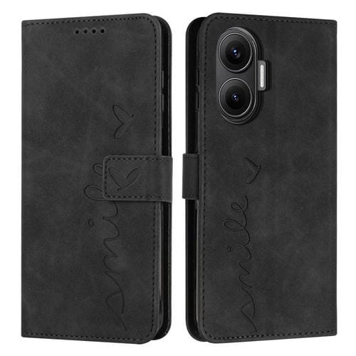 Funda de piel con relieve de corazón para Xiaomi Poco F7 con cordón largo (negro)