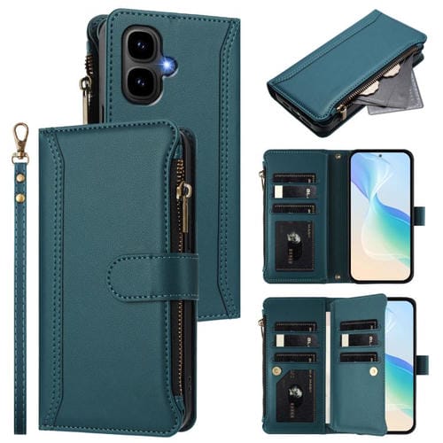Funda de cuero con cierre magnético para Infinix Smart 10 4G / Tecno Pop 10, 9 ranuras para tarjetas, cremallera y correa de mano (verde oscuro)